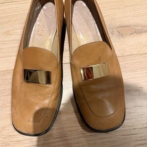 Gucci Tan Leather Loafers with Gold Accent